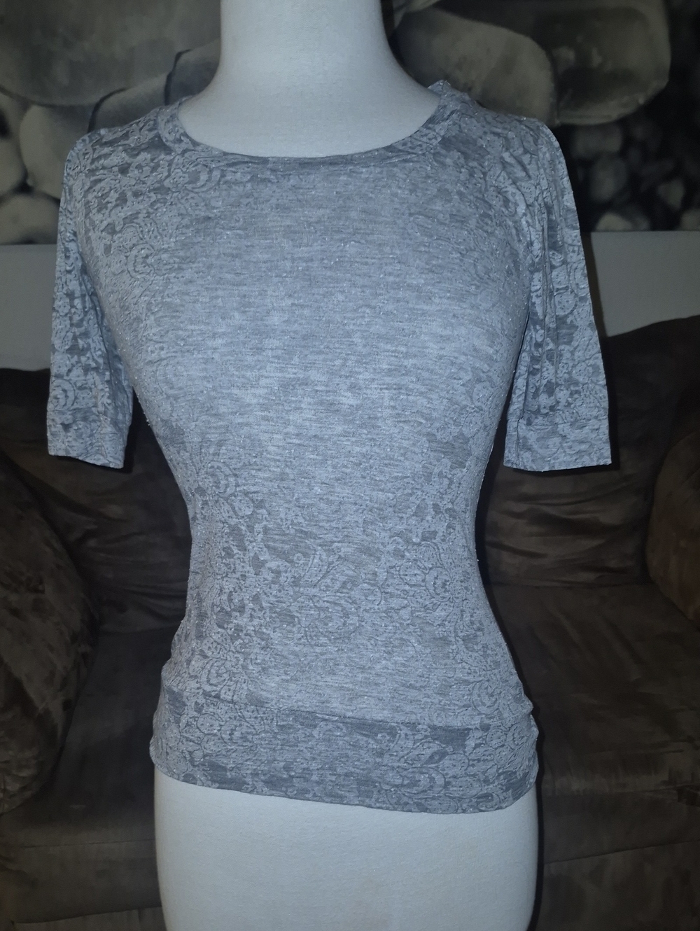 American Dream Gray Lace-Print Short Sleeve Tee